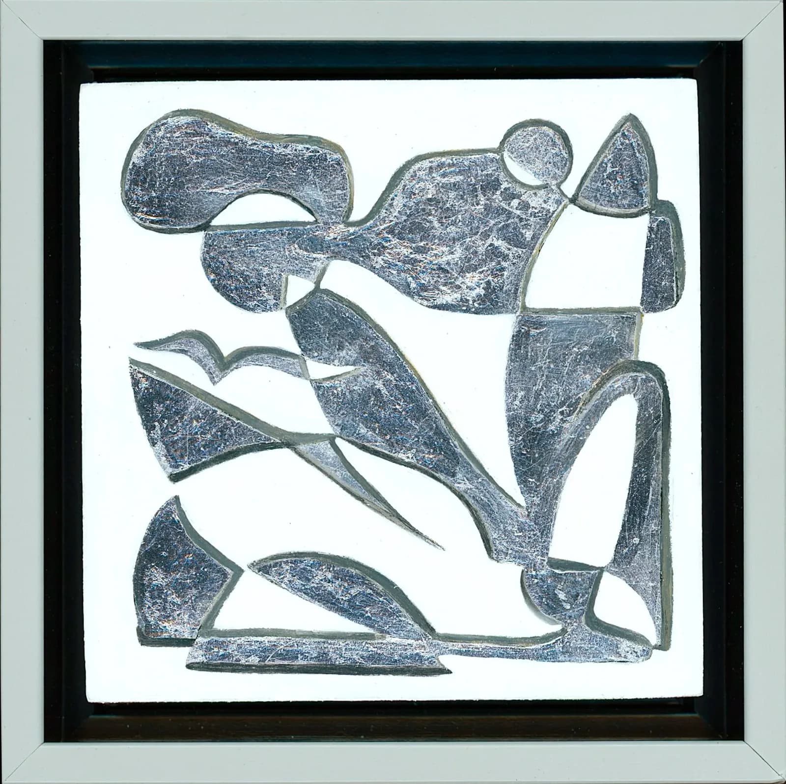 Abstract geometric forms rendered in blue-gray relief print on white paper.