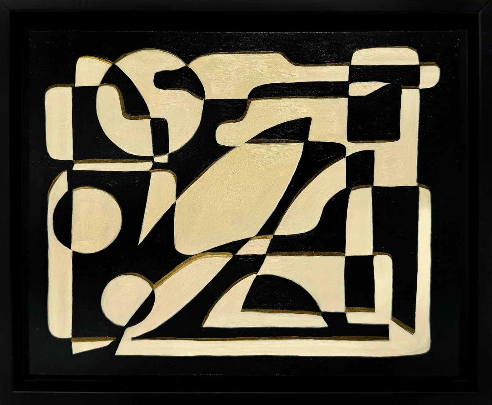 Geometric abstraction in cream and black, executed as a bold woodcut or relief print.