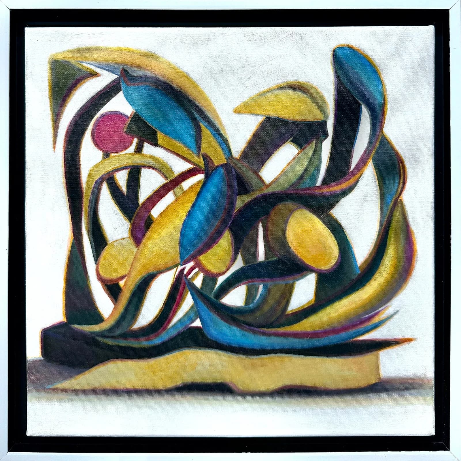 Abstract wooden sculpture with curved, interlocking forms painted in yellow, blue, black, and earth tones.