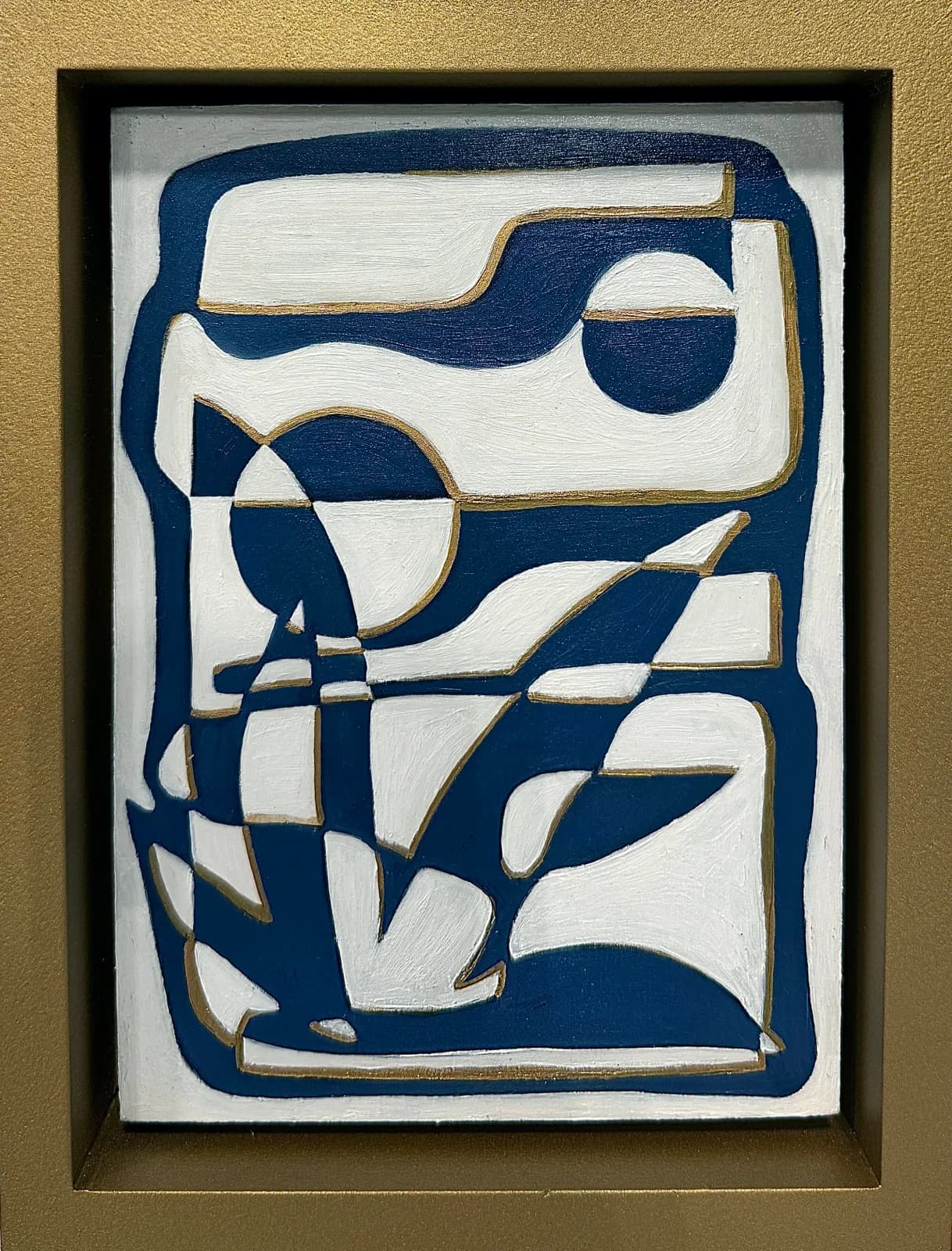 Abstract composition in navy, white, and gold with geometric forms and curved shapes.