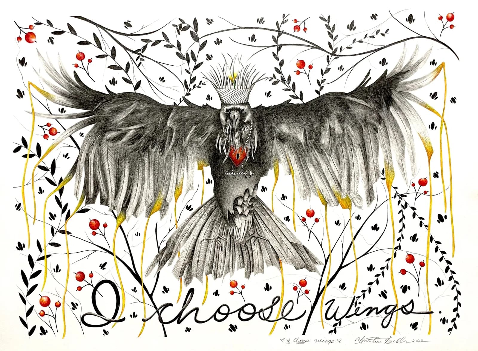An owl with spread wings among botanical branches and berries, rendered in ink with gold accents and calligraphic text.