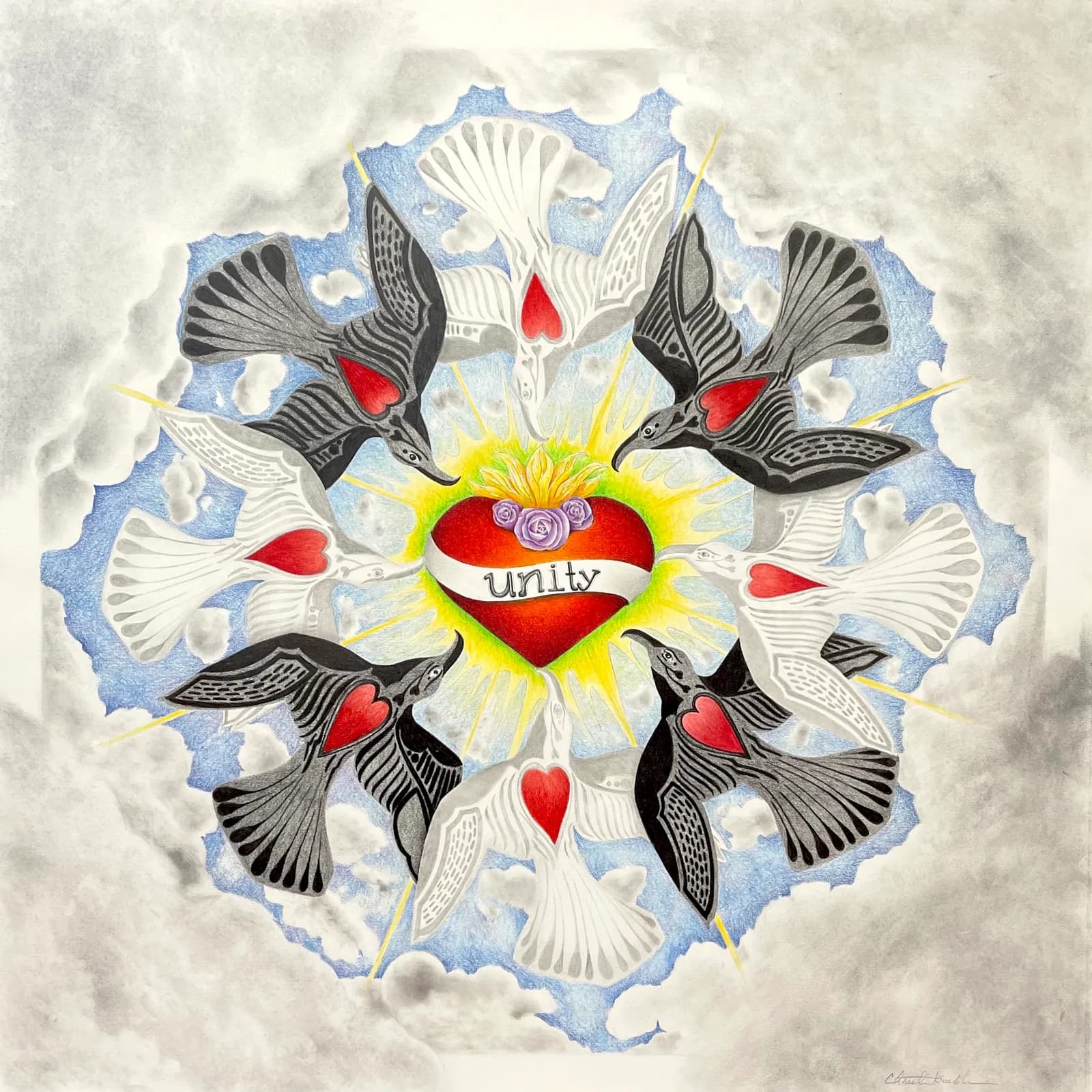 Symmetrical mandala drawing featuring birds, a central sacred heart, and radiating cloud patterns in pencil and colored media.
