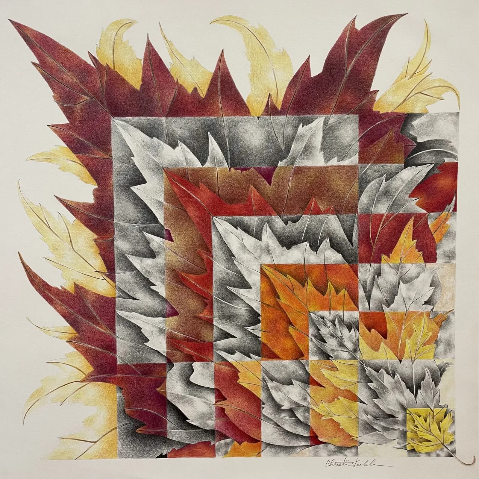 A layered composition of stylized autumn leaves in red, gold, and gray, arranged in a geometric grid pattern.