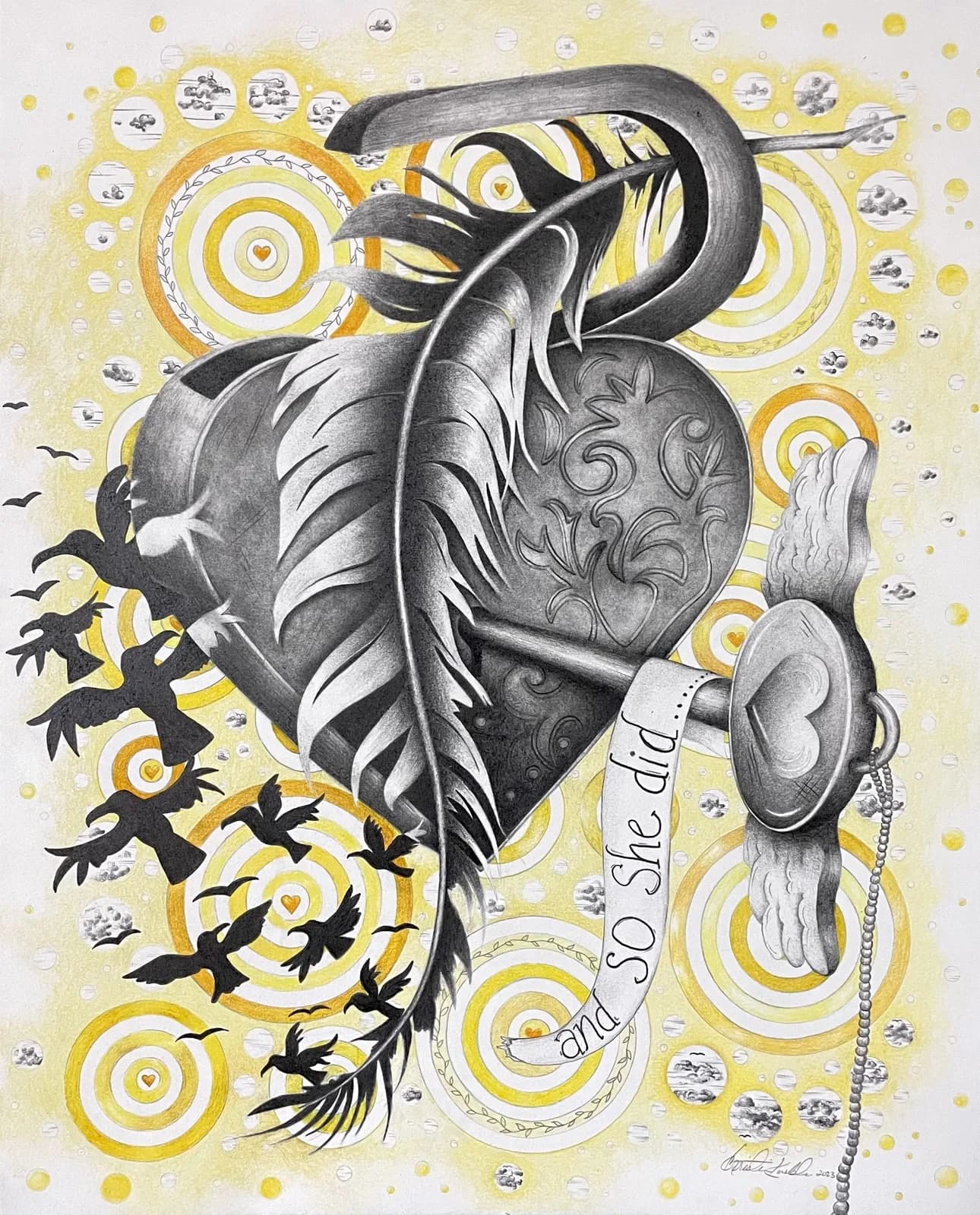 A graphite and mixed-media drawing depicts an anatomical heart entwined with feathers and swirling yellow-and-white circular motifs.