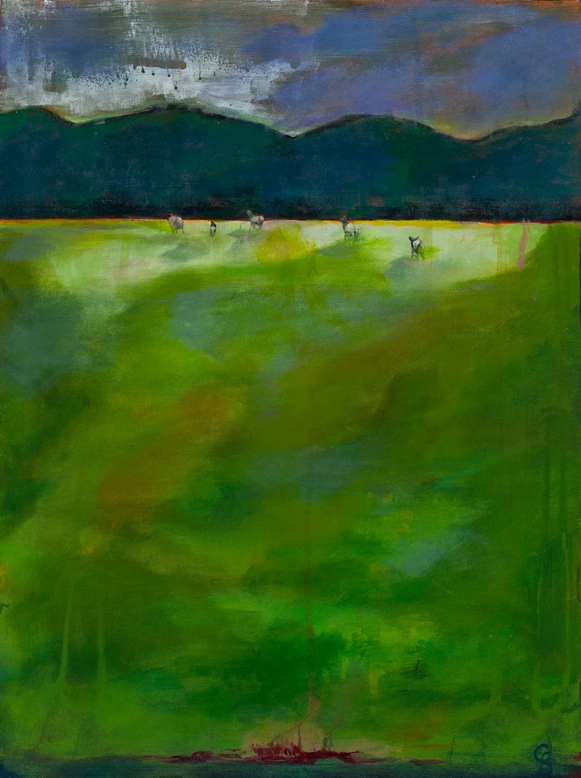 Abstract landscape with green meadow, distant mountains, and solitary figures beneath a clouded sky.