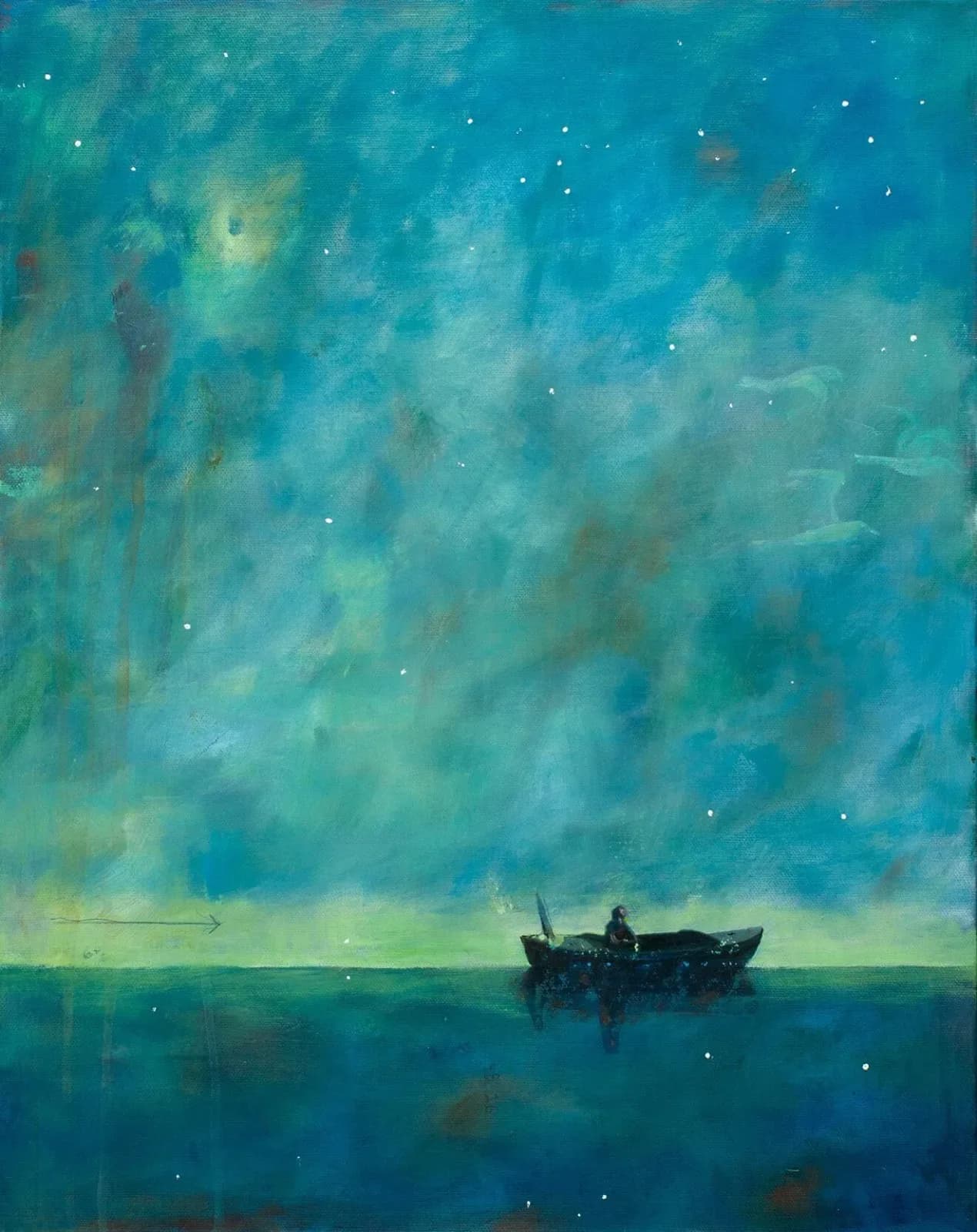 A solitary dark boat floats on dark water beneath a luminous turquoise night sky scattered with stars.