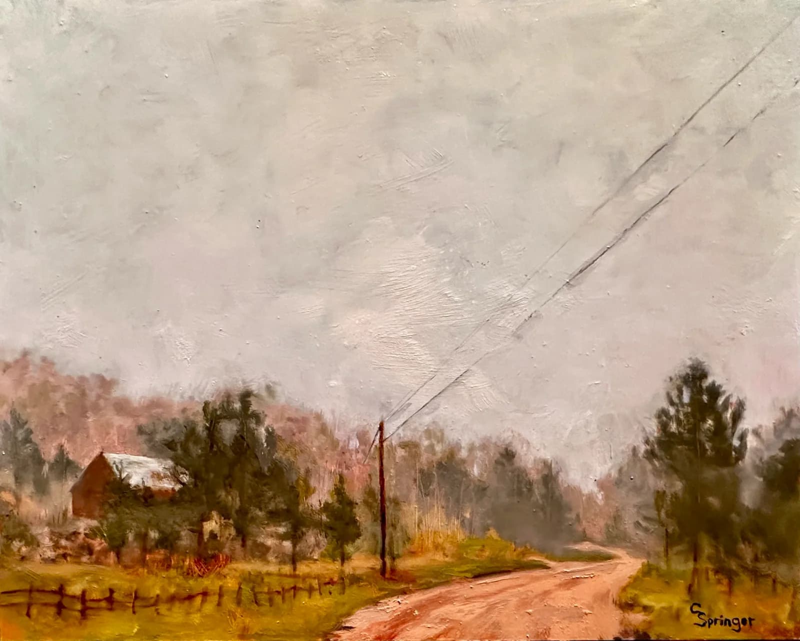 Rural landscape with a cabin, dirt road, and evergreen forest under an overcast sky, painted in oil.