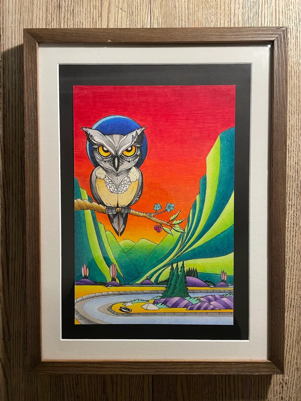 An owl with golden eyes perches on a branch above a stylized landscape rendered in vibrant, flowing colors.