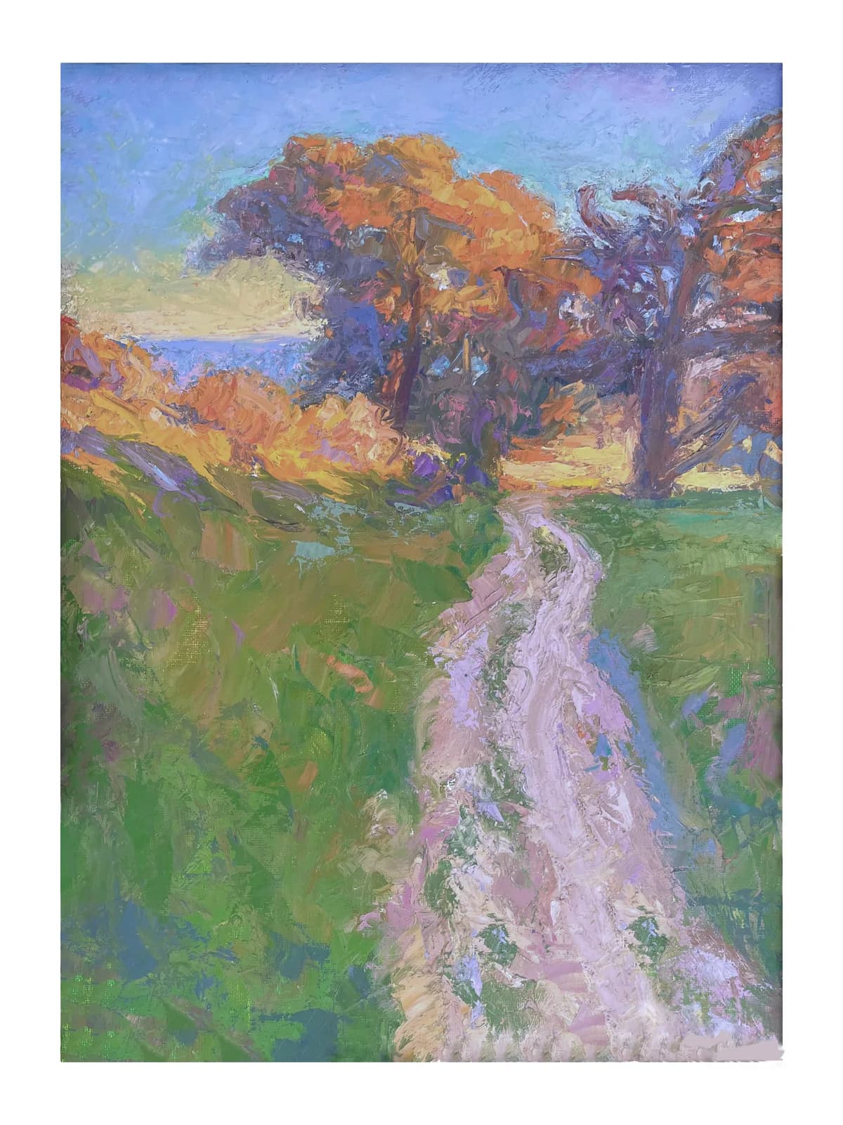 A pastoral landscape with a white path winding through green meadow toward golden trees and distant water, rendered in oil.