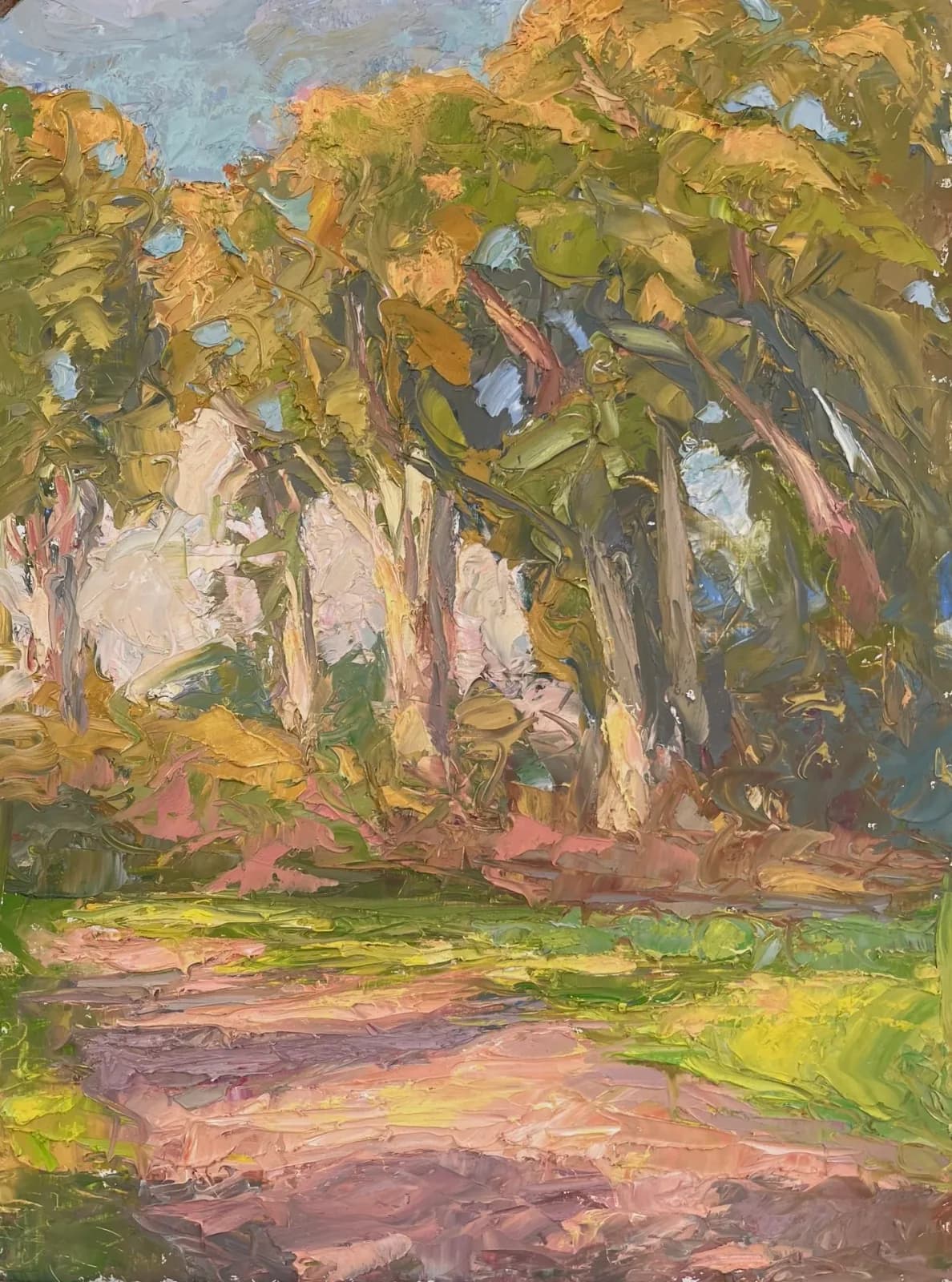 Forest interior with tall trees and dappled light, rendered in oil with warm and cool palette.