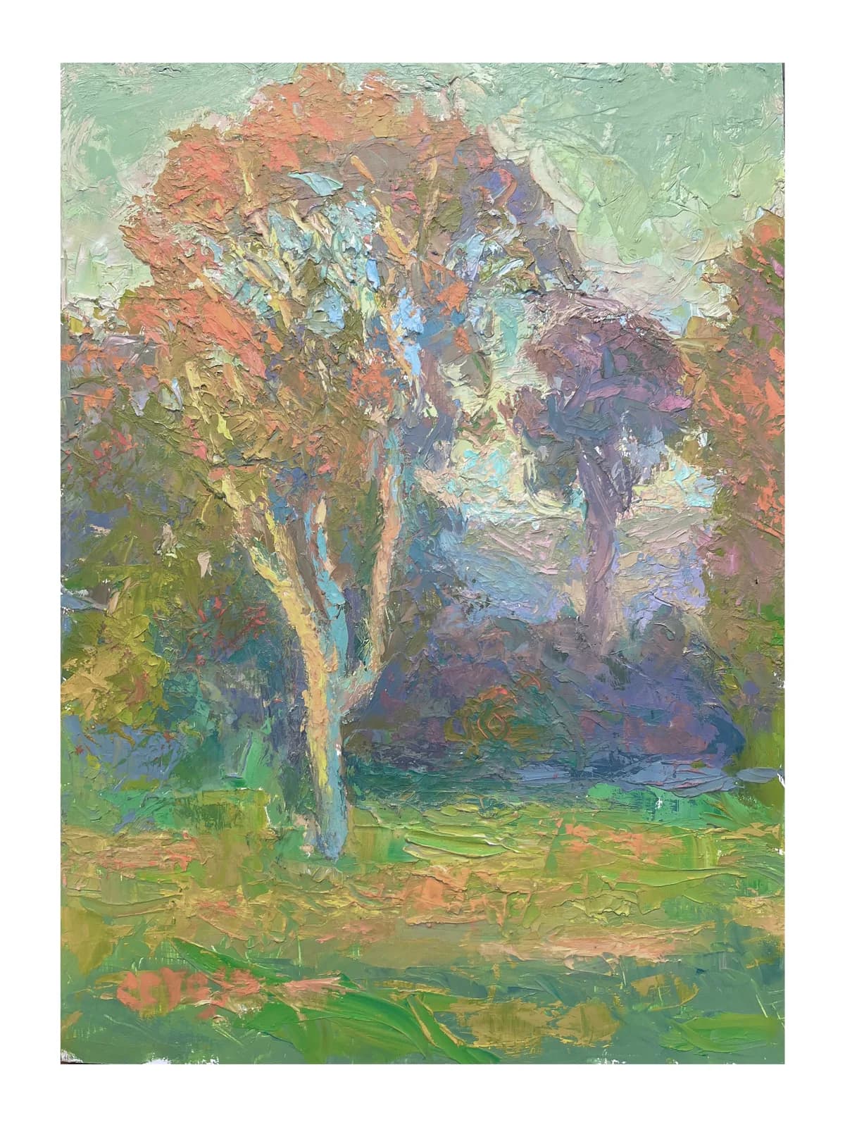 A solitary tree with flowering canopy rendered in loose, colorful brushwork and warm impressionist light.