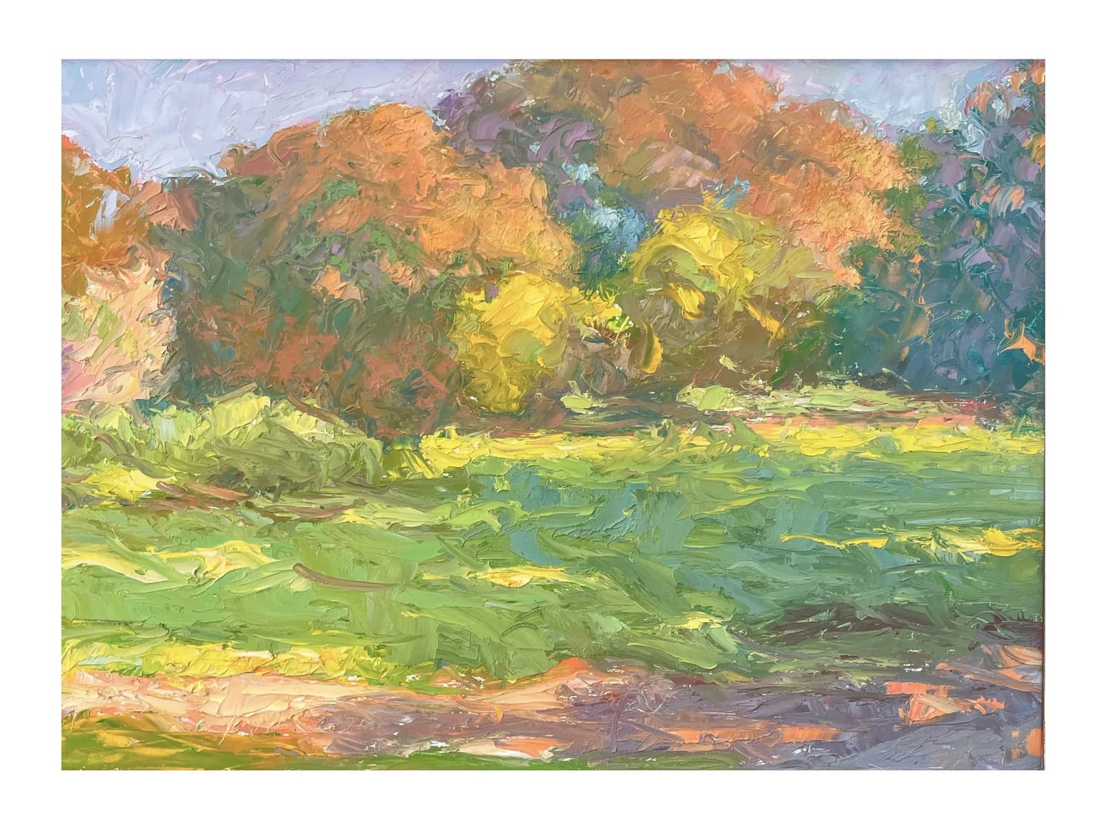 Oil painting of a verdant meadow with golden-lit trees under a soft blue sky, rendered in loose, expressionistic brushwork.
