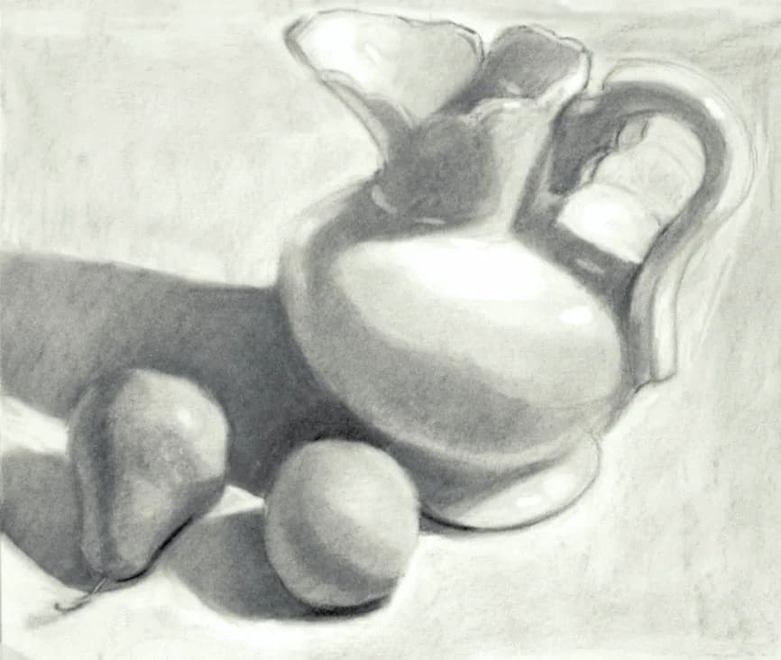 A ceramic pitcher with rounded form and handle, rendered in charcoal with carefully modeled light and shadow.