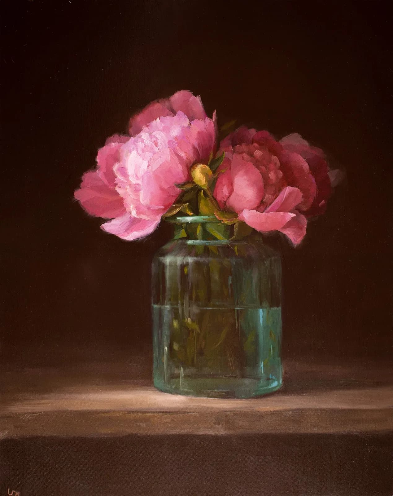 Pink peonies in a clear glass vase rendered in oil with photorealistic detail against a dark background.