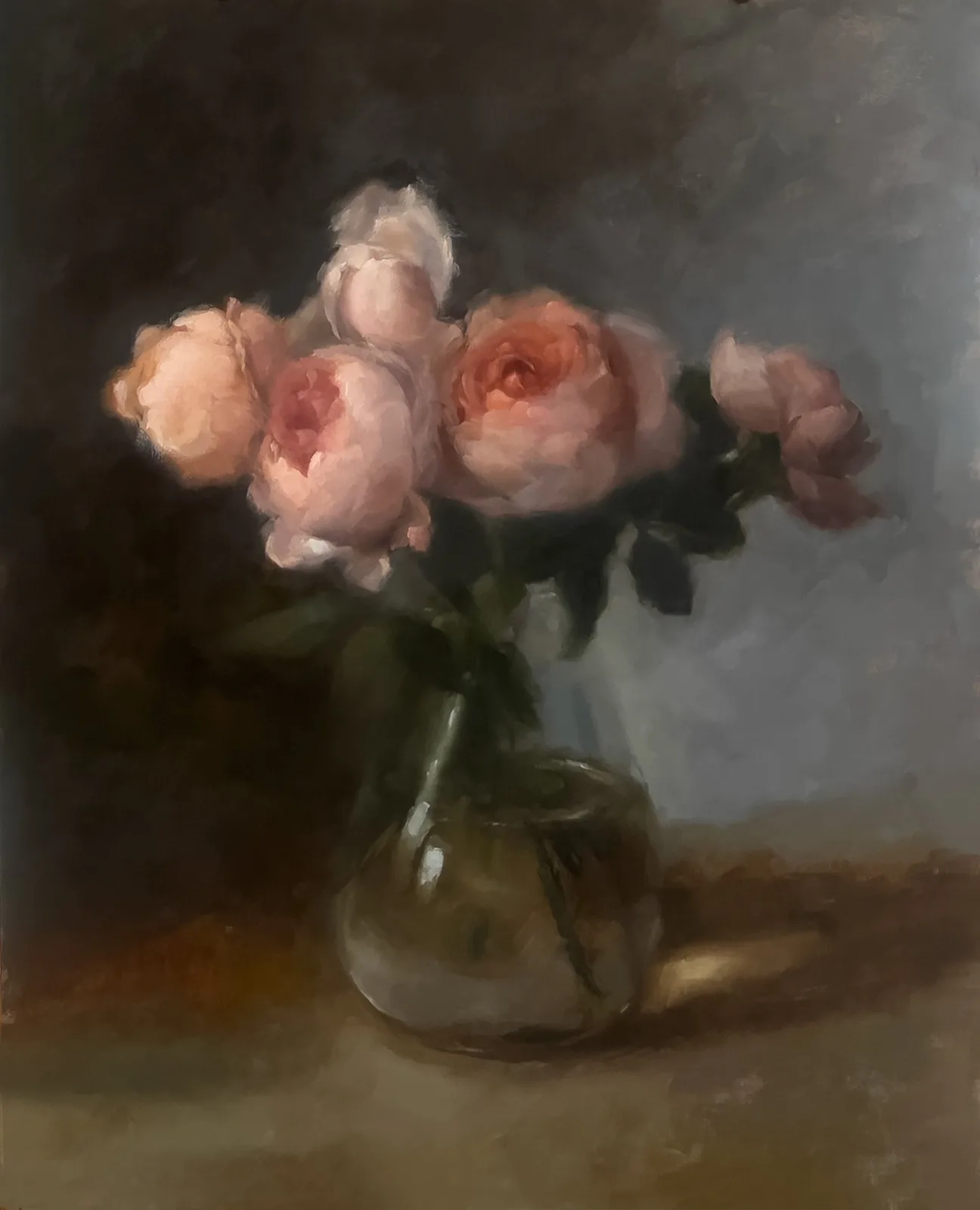 Soft pink and peach roses in a glass vase rendered in oil with subtle atmospheric lighting.
