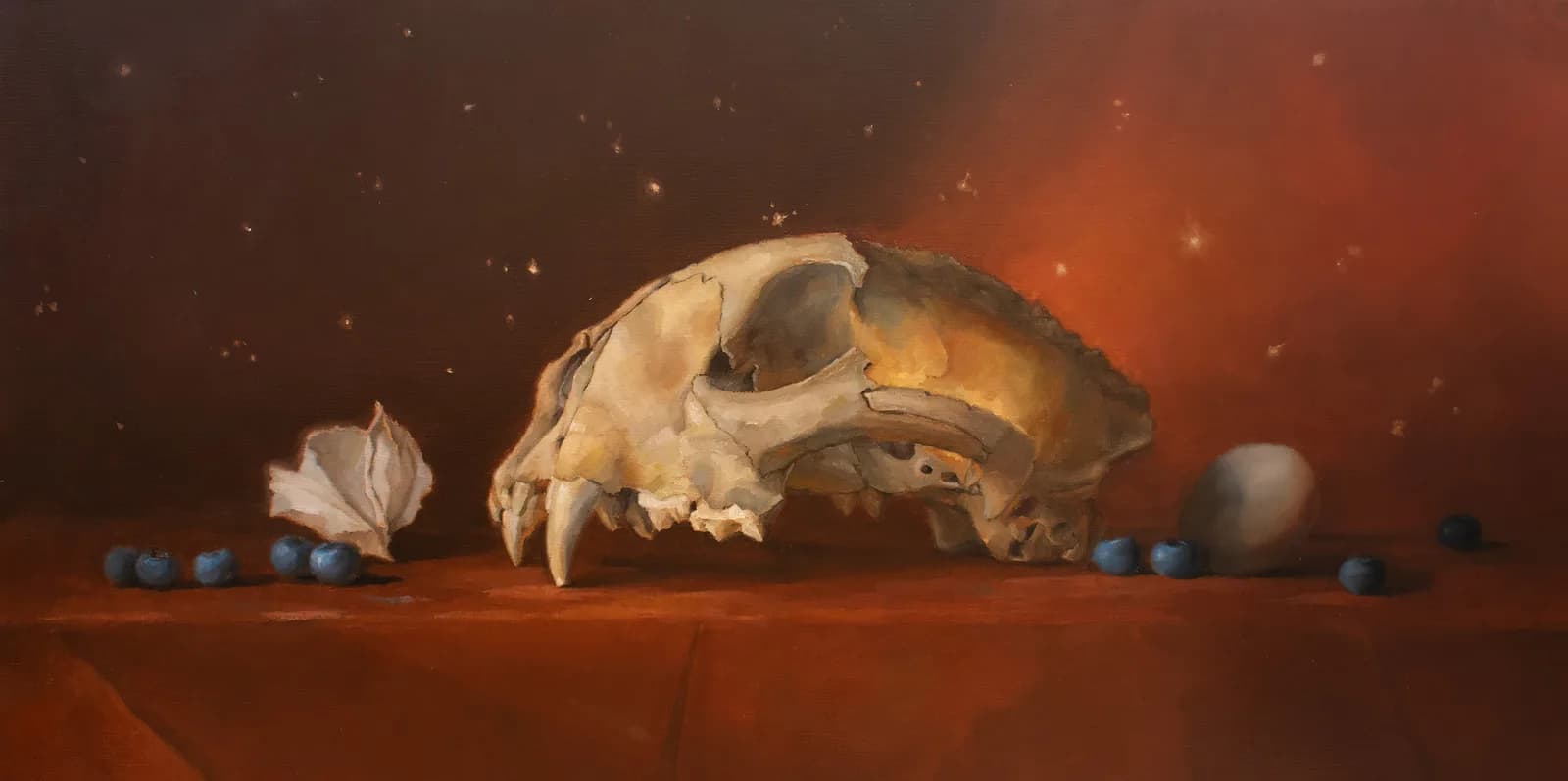 An animal skull and delicate flower arranged with blueberries on a draped rust-toned cloth beneath a warm, starlit sky.