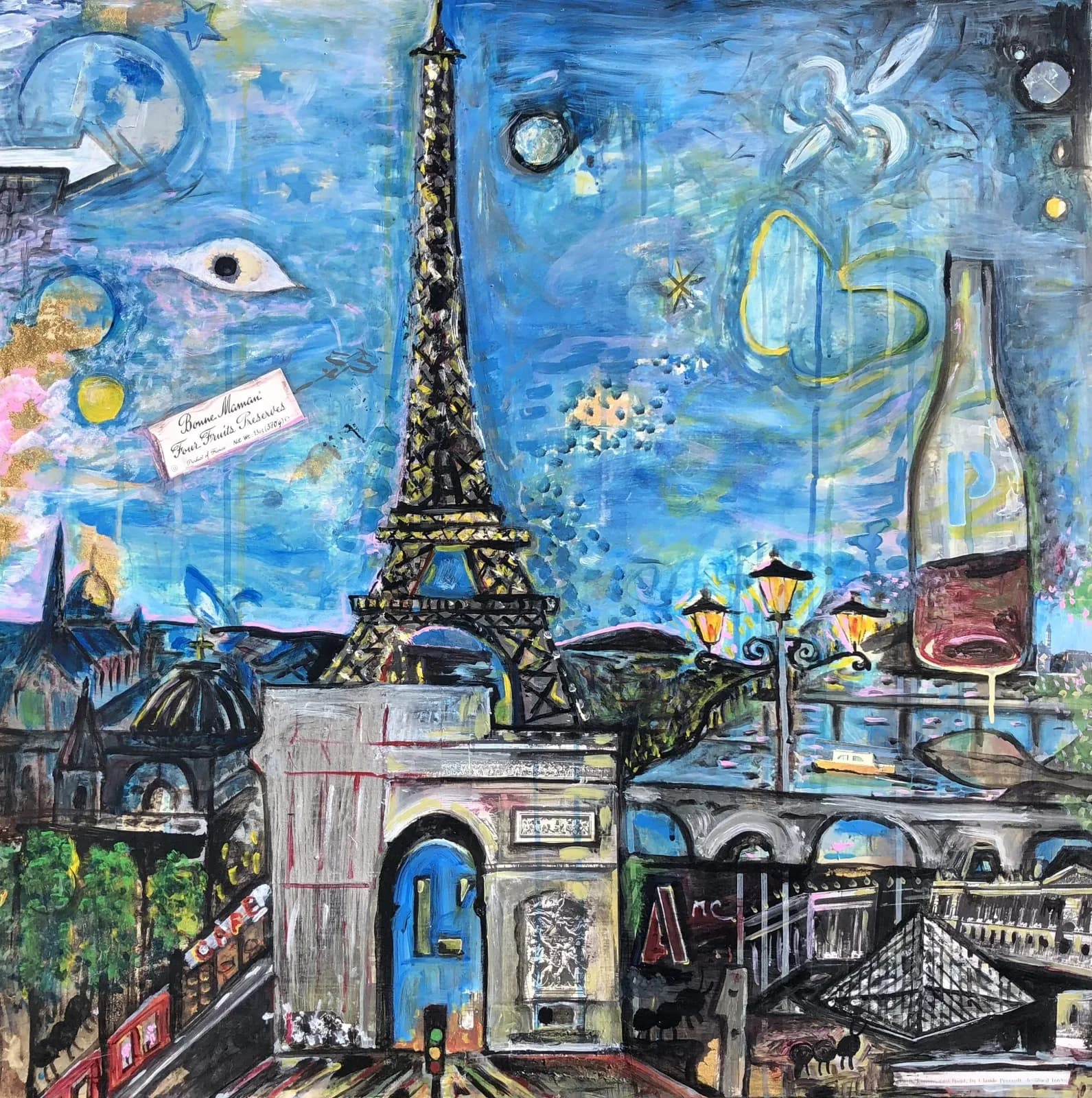 A mixed-media painting depicting a Parisian street scene anchored by the Eiffel Tower, wine bottle, and dreamy celestial elements in vivid blues.