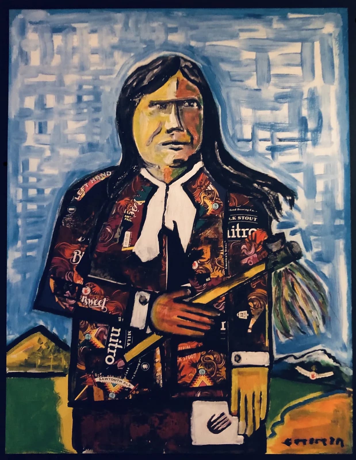Portrait of a Native American figure in ceremonial attire holding a feathered staff, oil on canvas.