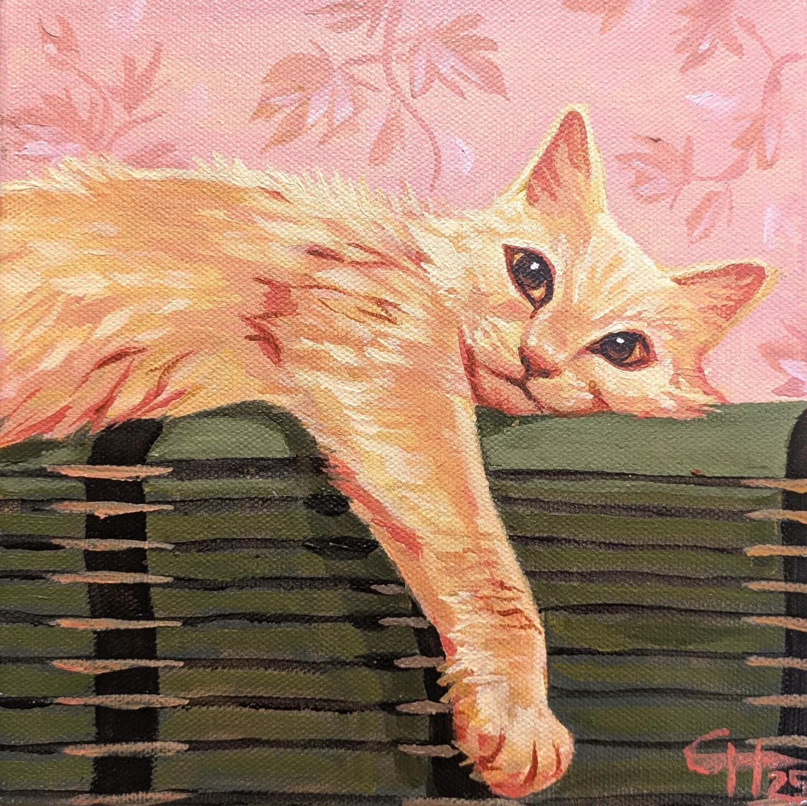 Orange tabby cat draped over a wooden fence against a pink background, rendered in acrylic.
