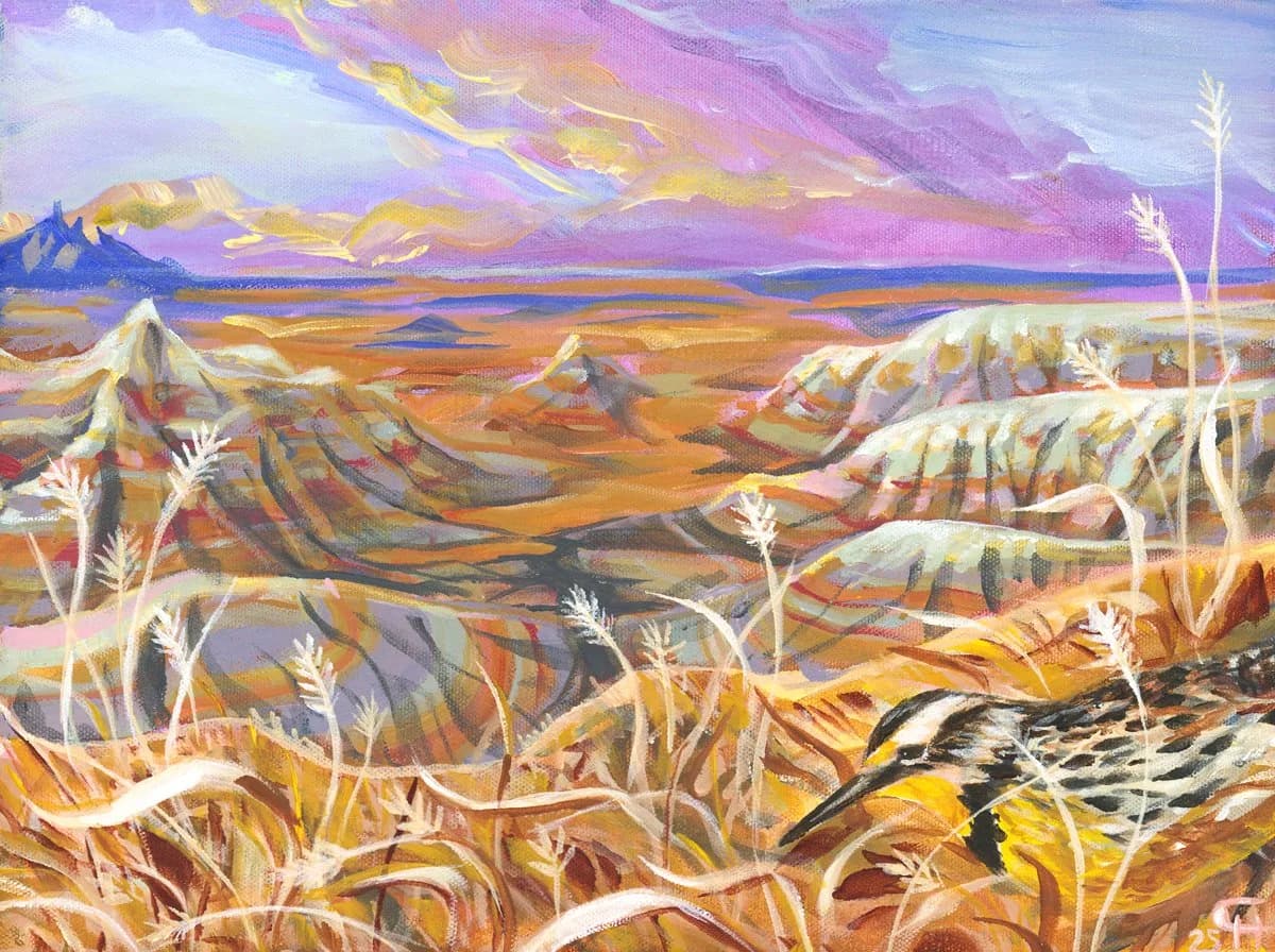 Oil painting of the Boulder Flatirons with golden grasses and purple sunset sky.
