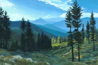 Alpine valley with conifer forest and distant layered mountain peaks under blue sky.