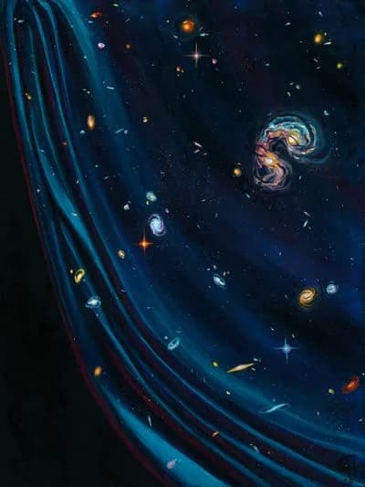 A cosmic scene of stylized galaxies and celestial bodies suspended in a dark, blue-toned space.