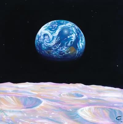 Earth rises above a luminous lunar landscape beneath a starlit sky, rendered in acrylic.