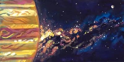 Non-representational encaustic composition with warm geometric forms and flowing celestial light against deep blue darkness.
