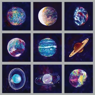 A nine-panel grid of luminous, digitally rendered planets and celestial bodies in vibrant neon colors.