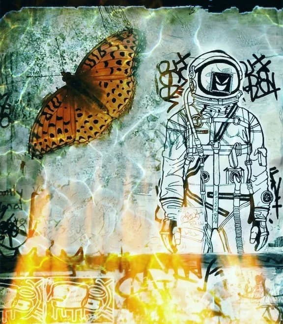 Street art collage layering an orange butterfly, astronaut figure, and golden flame on textured paper.