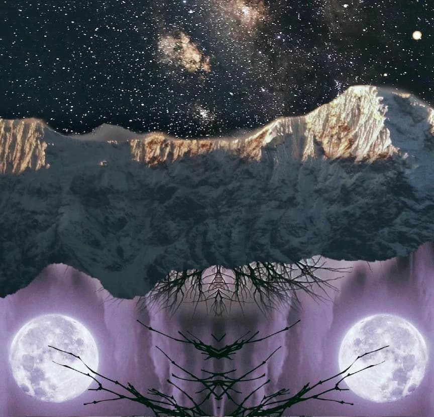 Snow-covered Flatirons beneath a starry sky with dual moons and silhouetted branches in purple twilight.