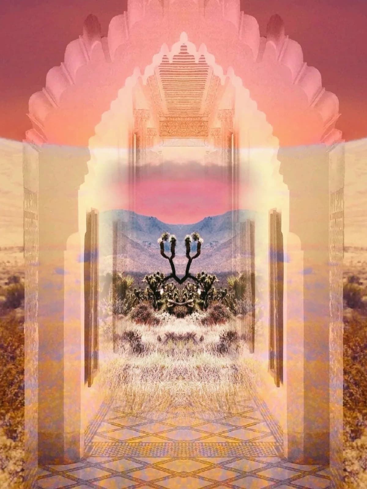 Surreal desert landscape with ornate architectural gateway framing a distant mountain and Joshua tree beneath pink sky.