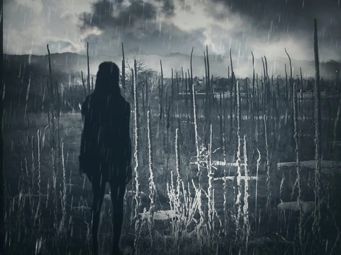 A solitary silhouetted figure stands in a rain-soaked landscape of skeletal trees under stormy skies.