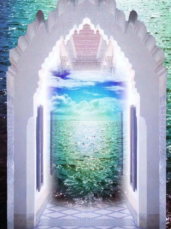 Surreal digital composition depicting an ornate white archway framing a luminous turquoise ocean and sky.