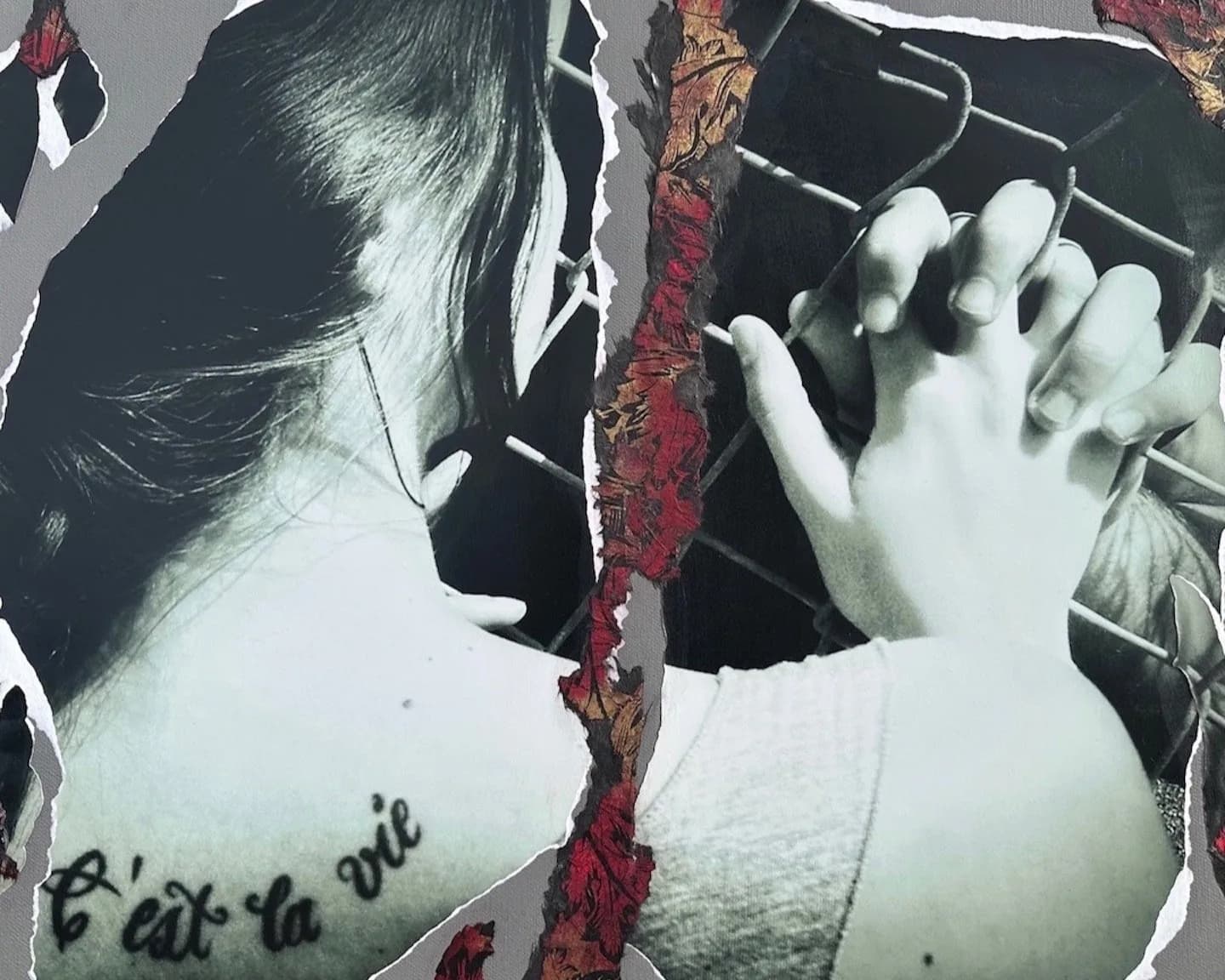 Surrealist collage featuring a fragmented portrait of a hand and face in black and white with textured paper overlay.