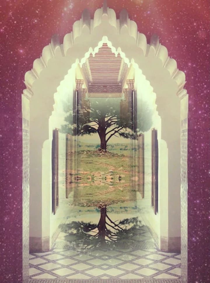 Surreal layered composition with an ornate archway framing a central tree motif against a starry magenta background.