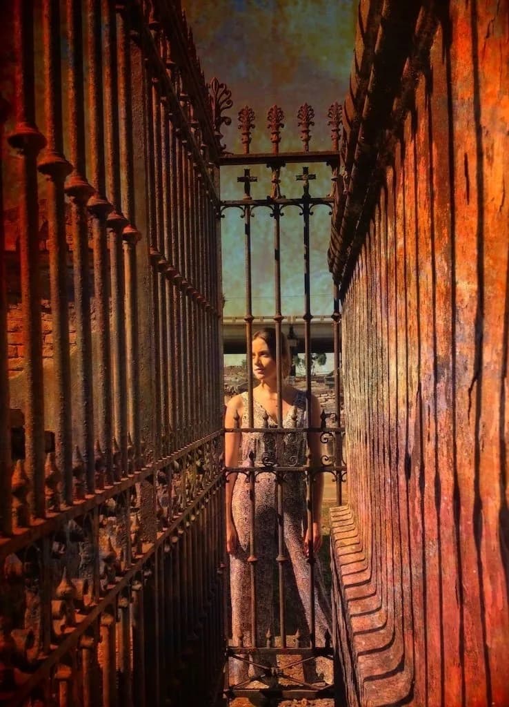A woman framed within ornate iron gates under warm-toned architectural lighting, color photography.