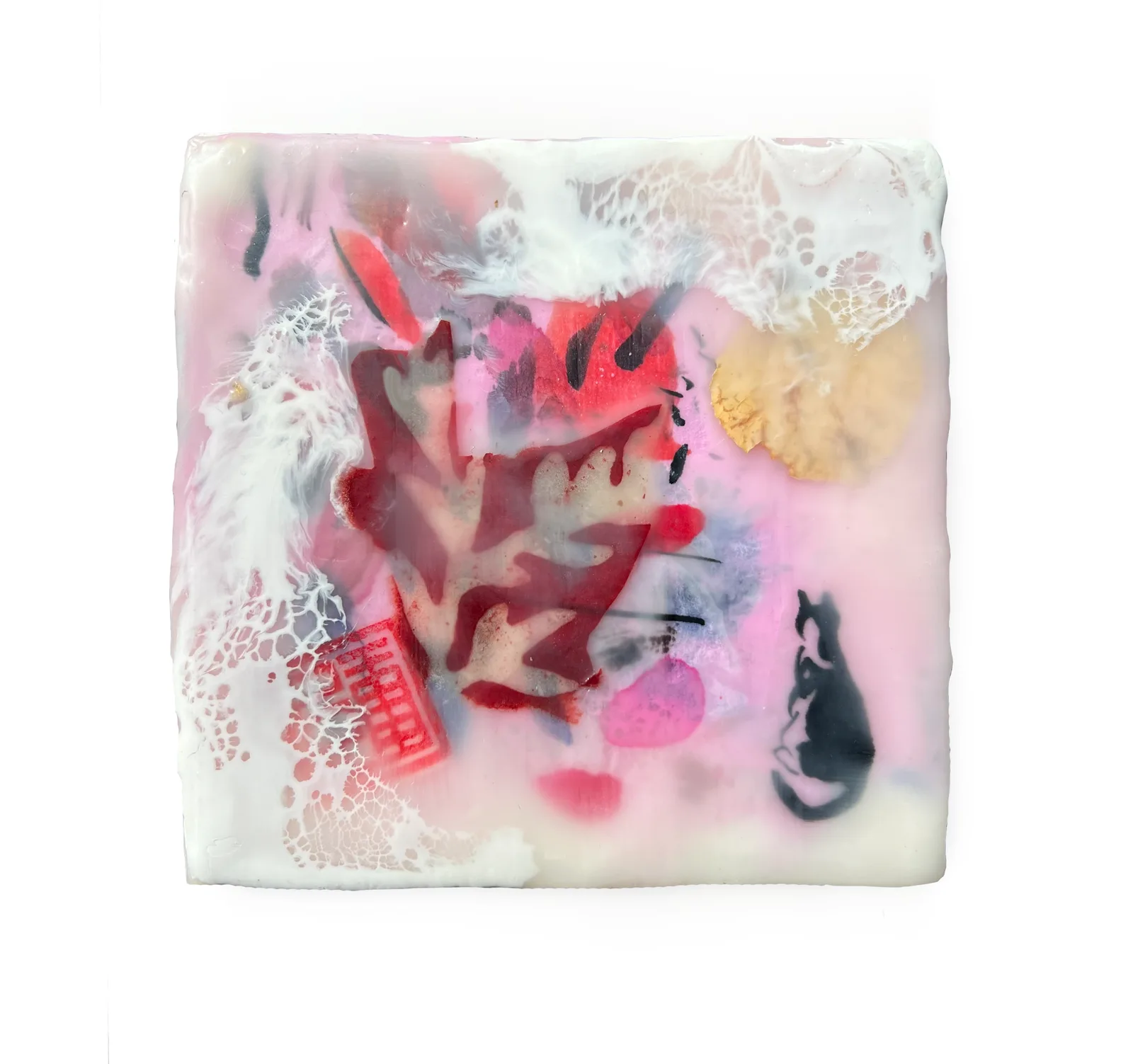 Abstract encaustic work with layered translucent elements, pigment, and textured surface detail.