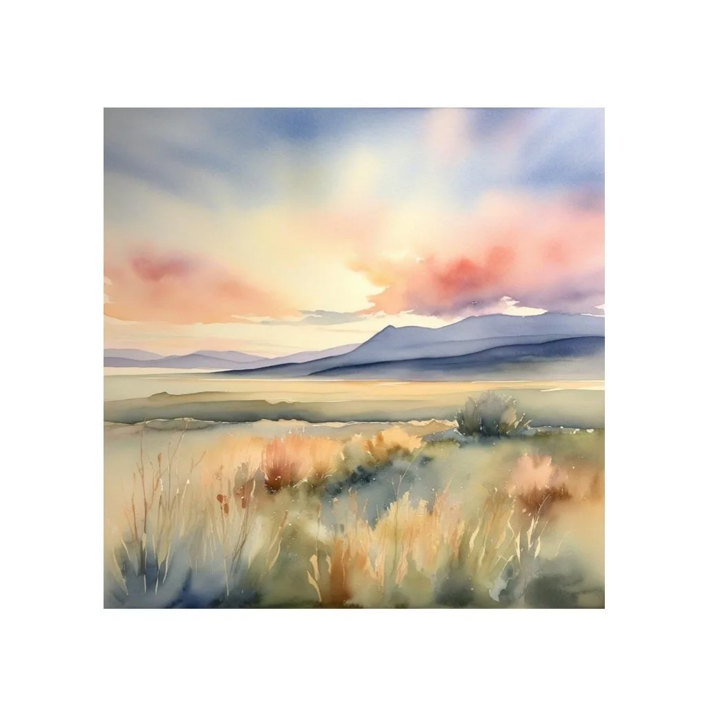 Watercolor landscape of a marshy valley at sunset with distant mountains and golden grassland.