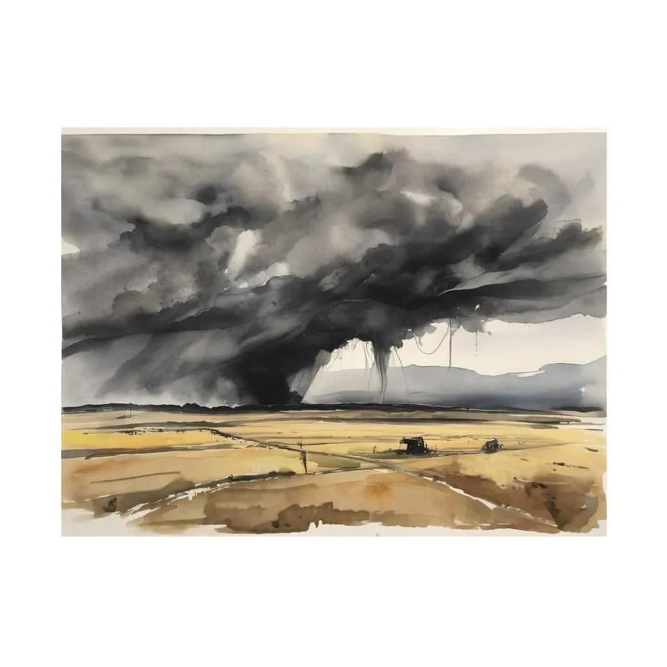 A dramatic watercolor landscape depicts a distant thunderstorm with dark billowing clouds and rain over an open prairie.