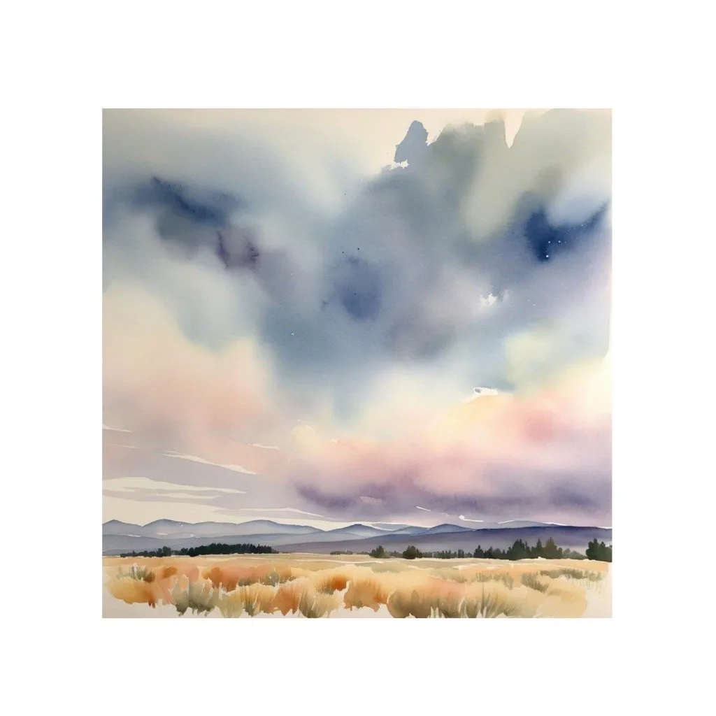 Watercolor landscape of the Boulder Flatirons beneath dramatic clouds and golden brushland.