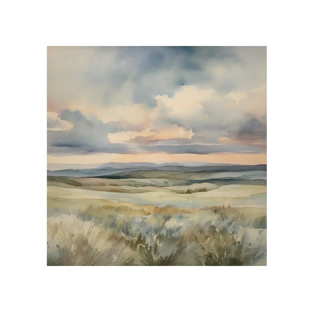 Rolling grassland with distant mountains beneath a luminous, cloud-filled sky in watercolor.