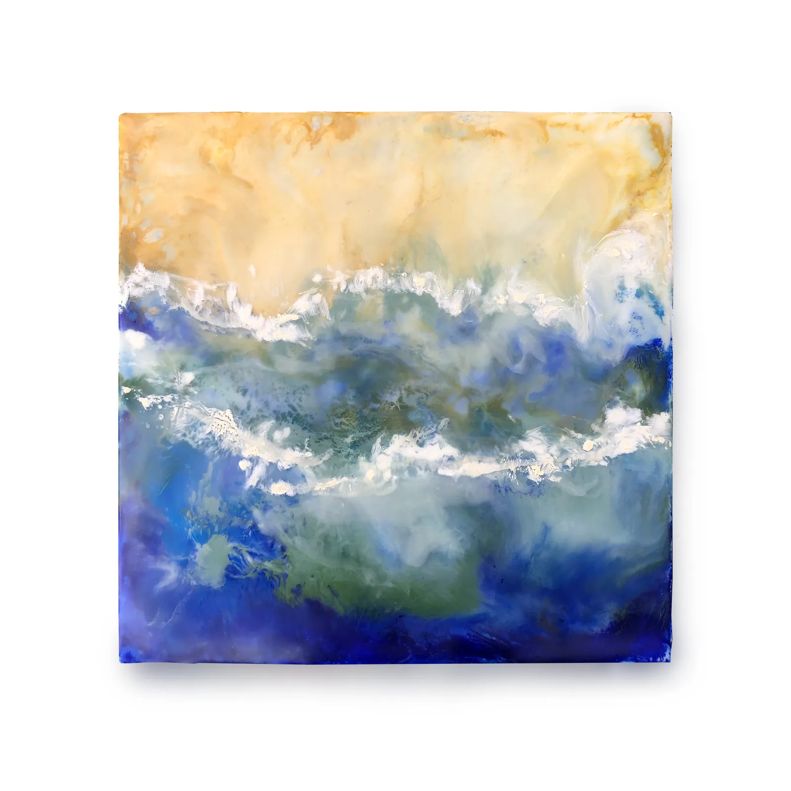 Abstract seascape with crashing waves and sky rendered in acrylic with layered whites, blues, and golds.