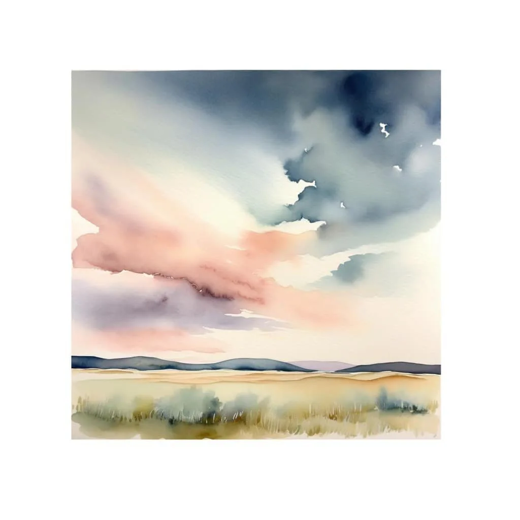 A watercolor landscape depicting a dramatic sky above rolling grassland and distant mountains.
