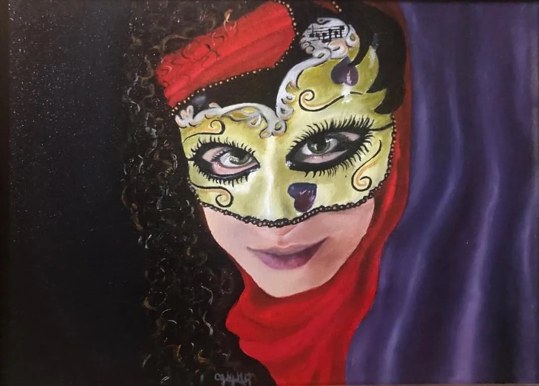 Portrait of a masked figure wearing a yellow and black Venetian-style mask and red headwrap.