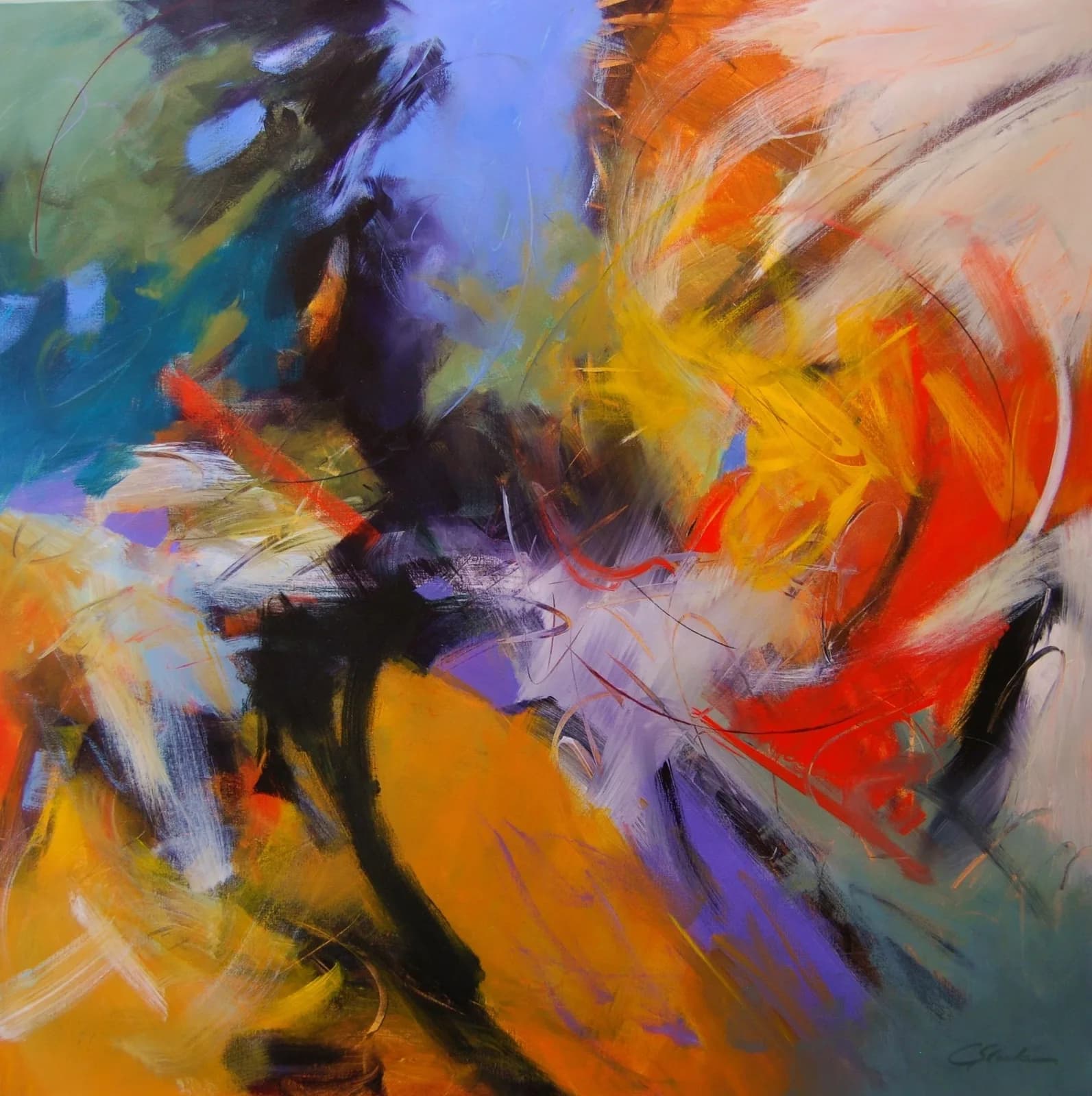 Abstract oil painting with dynamic gestural brushwork in vibrant orange, yellow, blue, and purple hues.