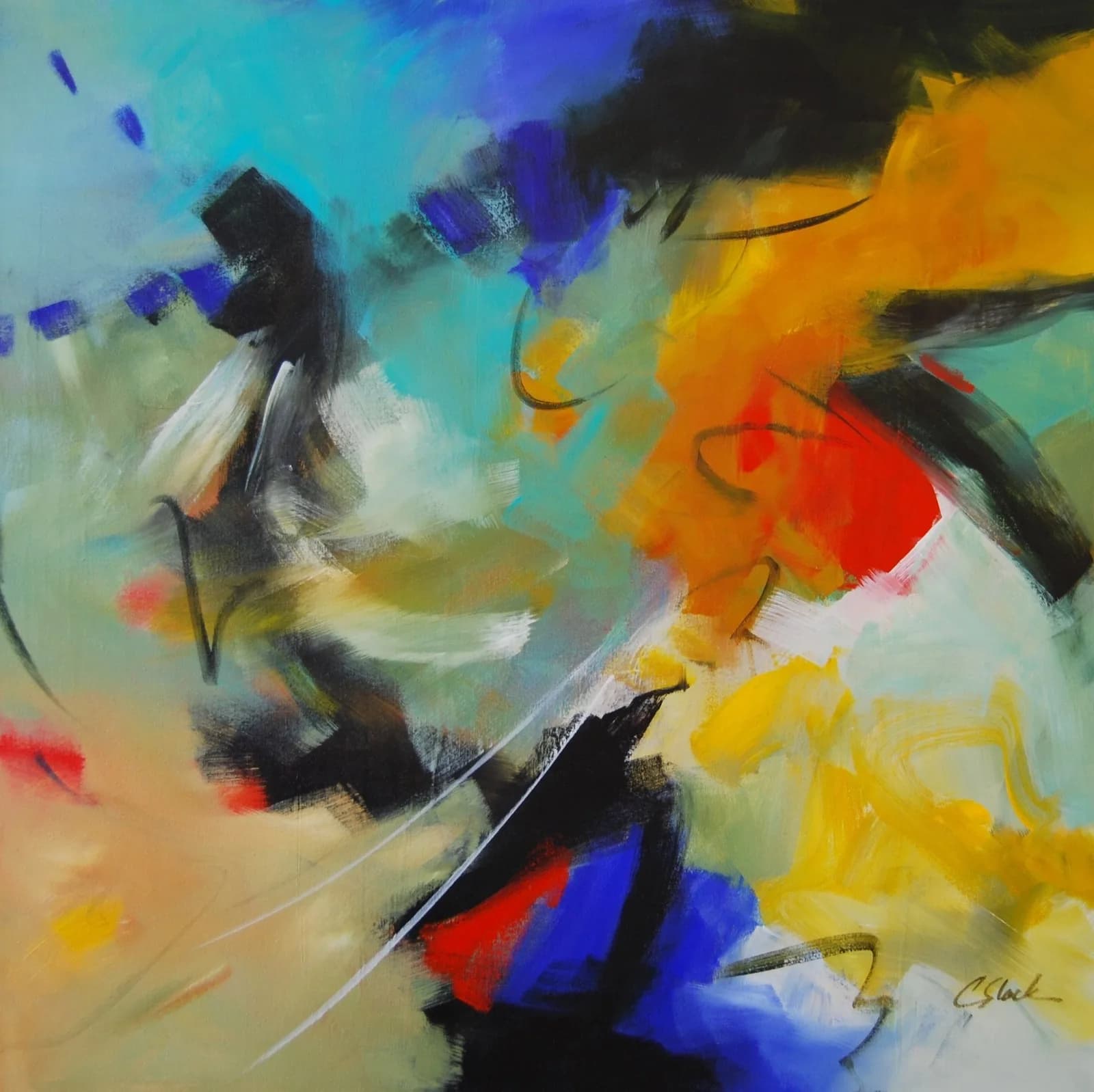 Abstract acrylic painting with dynamic gestural marks in turquoise, orange, blue, and black.