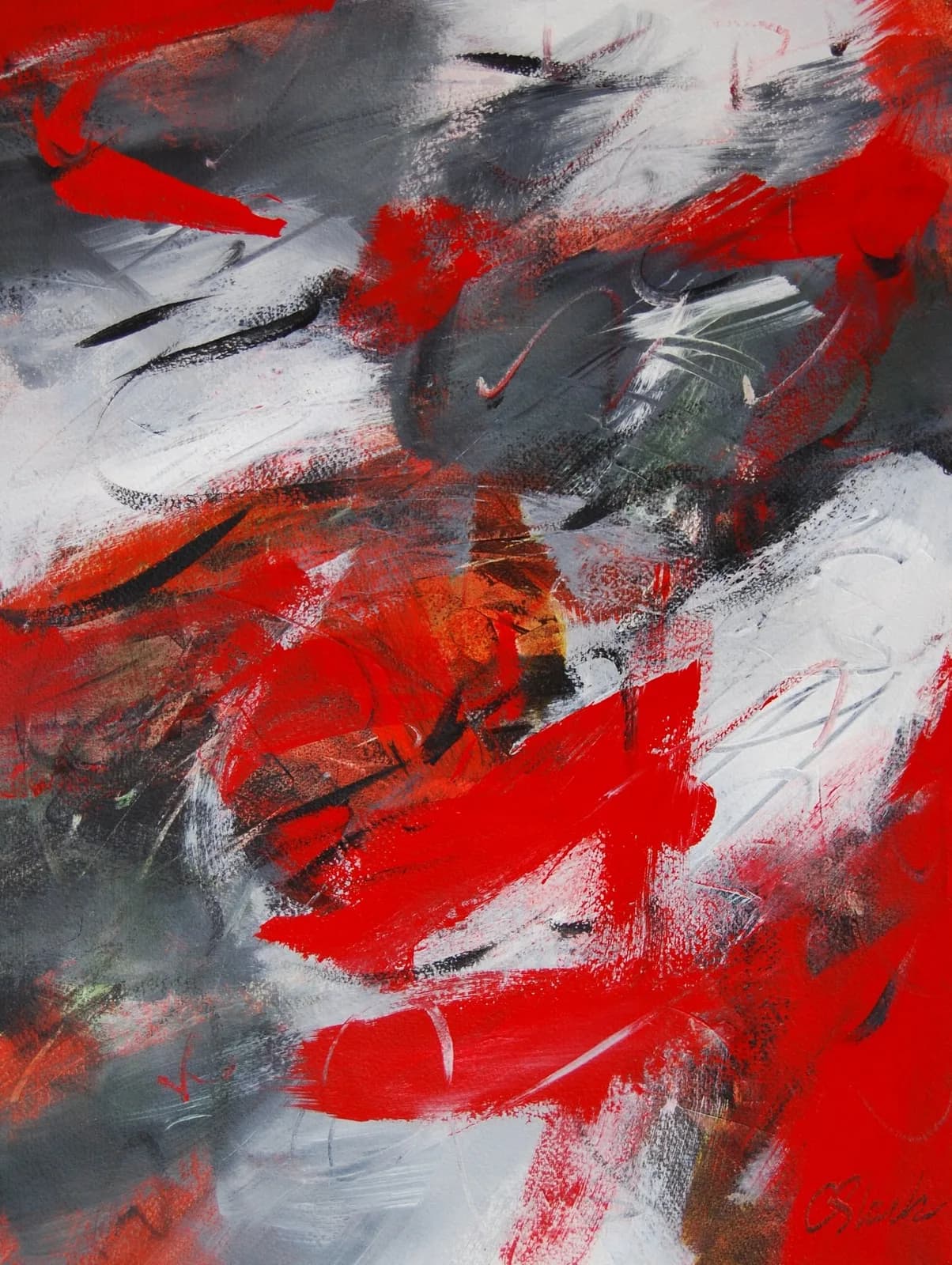 Abstract acrylic painting with bold red gestural marks over white and gray layered grounds.