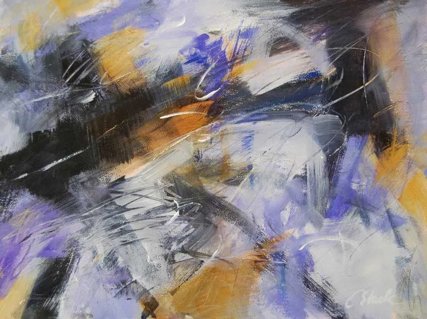 Abstract painting with gestural brushwork in blue, ochre, black, and white.