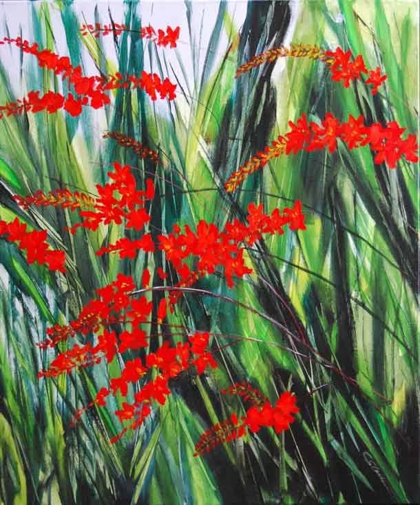 Red flowers bloom among tall green foliage in this dynamic acrylic painting.